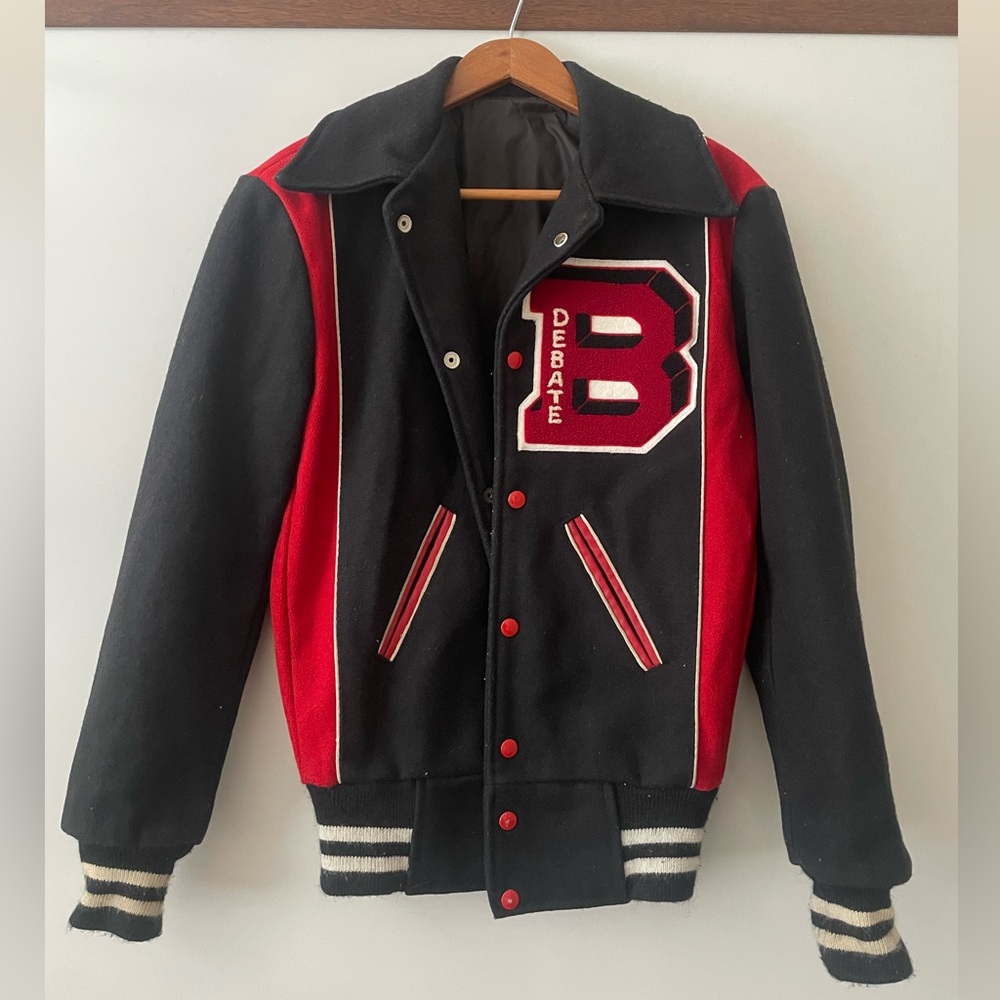Vintage letterman jacket debate team black and red varsity jacket